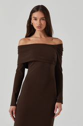 A woman wearing an off-the-shoulder, long-sleeved dress in a rich, dark brown color. The dress features a layered, wide neckline that drapes over her shoulders and upper arms, creating a sophisticated and stylish look. The fabric appears smooth and slightly stretchy, fitting her figure closely.